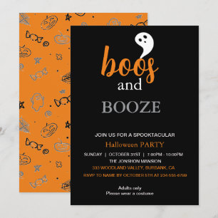 Invitación Boos y Booze Black Naranja Adults Halloween Party