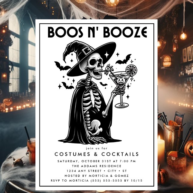 Invitación Boos y Booze Black White Aduleen Party de Hallowee (Boos n' Booze Halloween Party Invitation)