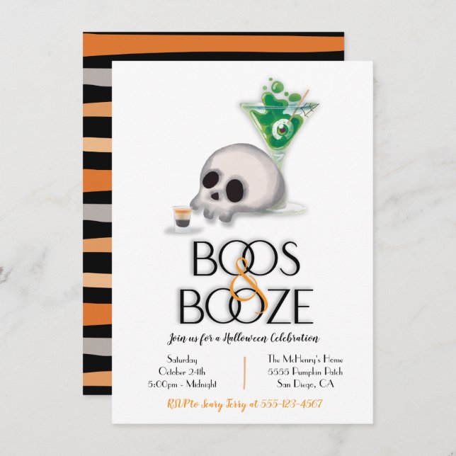 Invitación Boos y Booze Cocktail Moderna fiesta de Halloween (Anverso / Reverso)