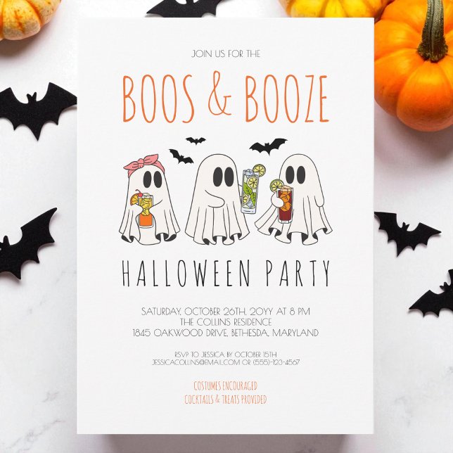 Invitación Boos y Booze Fantasma Fantasma Adulto Halloween (Boos and Booze Spooky Ghost Adult Halloween Party Invitation)