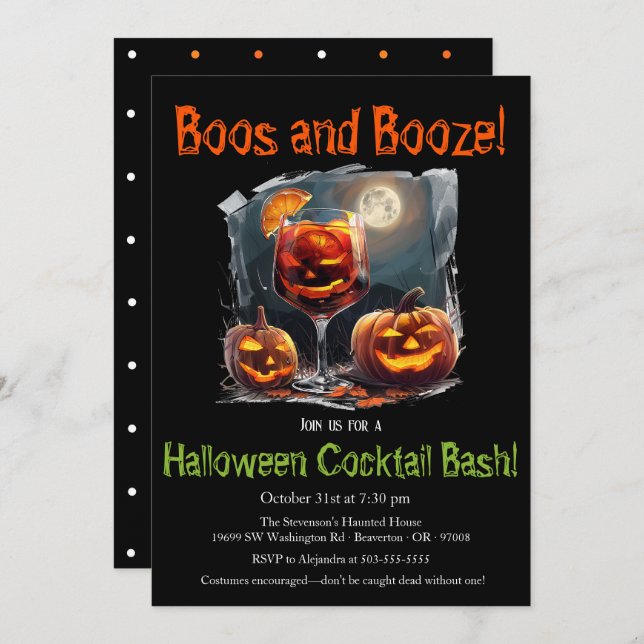 Invitación "Boos y Booze" Fiesta de Halloween Cocktail Bash (Anverso / Reverso)