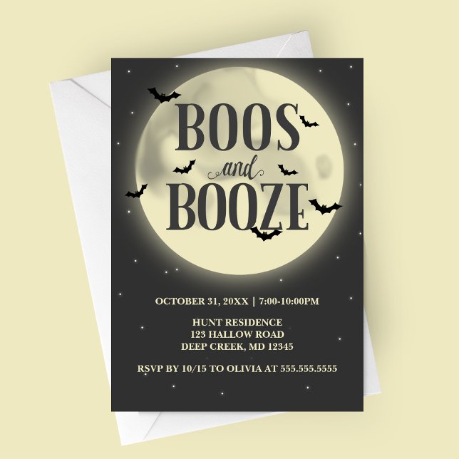 Invitación Boos y Booze fiesta de Halloween con luna llena (Boos and Booze Full Moon with Bats Halloween Party Invitation)
