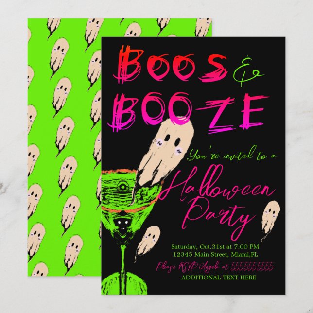 Invitación Boos y Booze Halloween Fantasma Neón Negro (Anverso / Reverso)