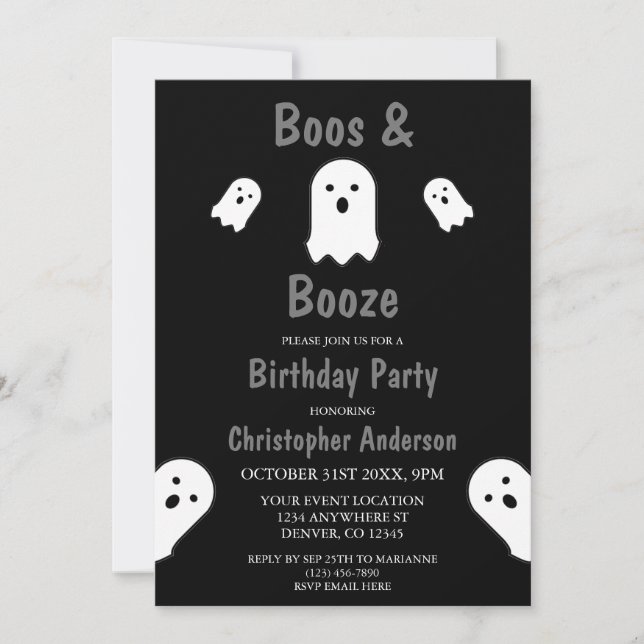 Invitación Boos y Booze Halloween Fiesta de cumpleaños (Anverso)