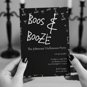 Invitación Boos y Booze Halloween Party Black and White