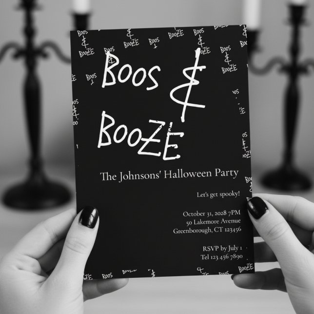 Invitación Boos y Booze Halloween Party Black and White (Subido por el creador)