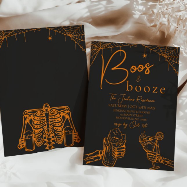 Invitación Boos y Booze Naranja Fiesta del Skeleton de Hallow (Subido por el creador)