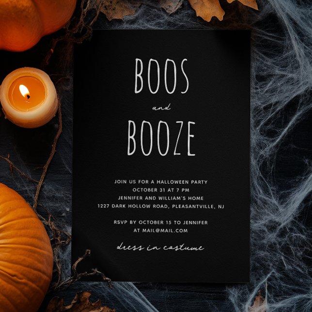 Invitación Boos y Booze | Partido Halloween Minimalista Negro (Subido por el creador)
