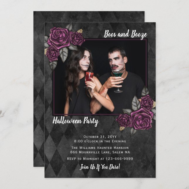 Invitación Boos y Booze Rosas góticos Foto Halloween (Anverso / Reverso)