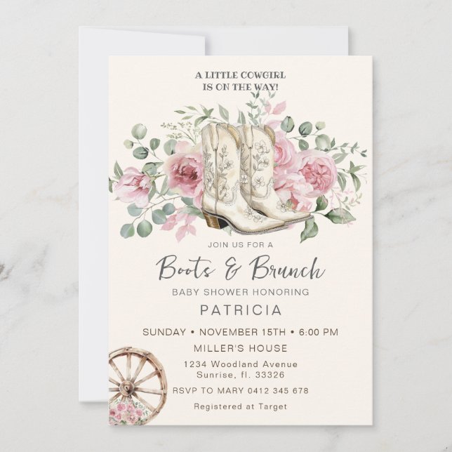 Invitación Boots and Brunch Pink Cowgirl Baby Shower (Anverso)