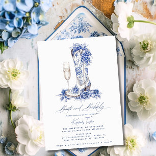 Invitación Boots And Bubbly Blue Chinoiserie Bridal Shower