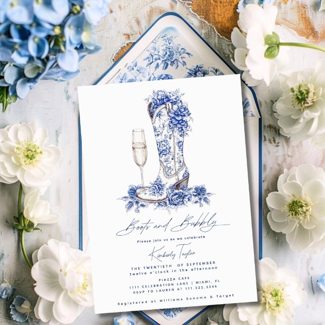Invitación Boots And Bubbly Blue Chinoiserie Bridal Shower (Subido por el creador)