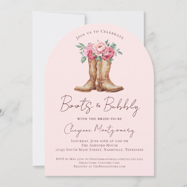 Invitación Boots and Bubbly Blush Pink Floral Bridal Shower (Anverso)