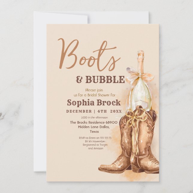 Invitación  Boots and Bubbly Bridal Shower Invitation (Anverso)
