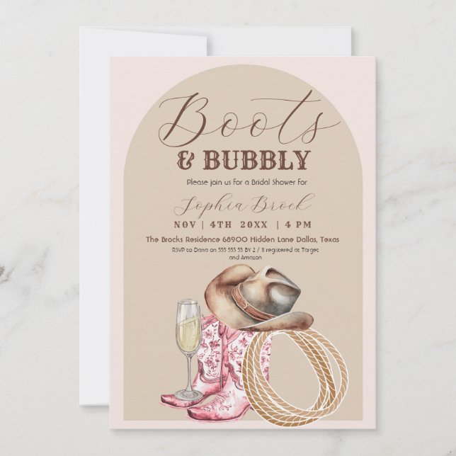 Invitación  Boots and Bubbly Brown Western Bridal Shower (Anverso)