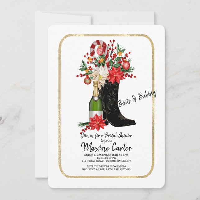 Invitación Boots and Bubbly Navidades Shower (Anverso)