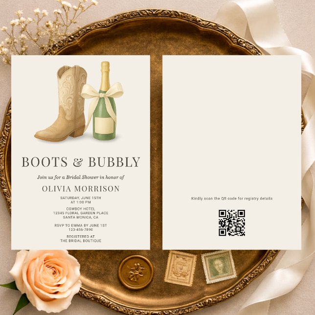 Invitación Boots and Bubbly QR Code Bow Bridal Shower (Subido por el creador)