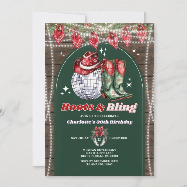 Invitación Boots & Bling Adult Birthday Christmas Party Wood (Anverso)