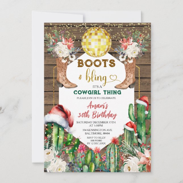 Invitación Boots & Bling Cowgirl Navidades 30 años (Anverso)