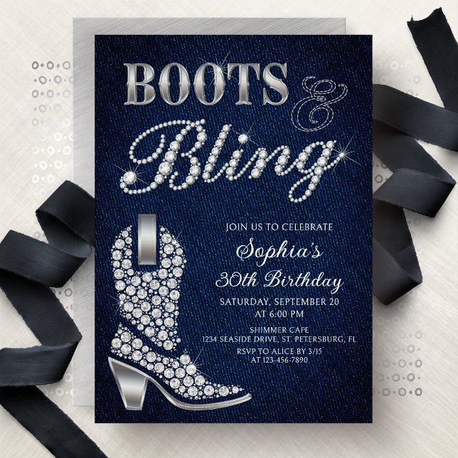 Invitación Boots Bling Denim Western Birthday (Subido por el creador)