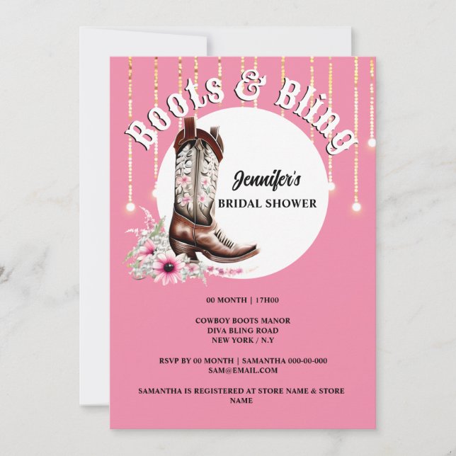 Invitación Boots Boots Bling bota de vaquero rosa floral oest (Anverso)