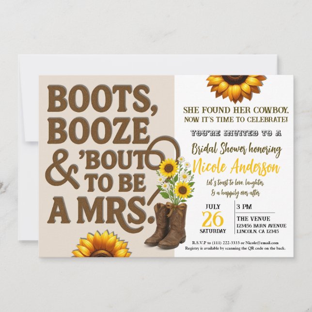 Invitación Boots Booze & Bout para ser la señora novia de la  (Anverso)