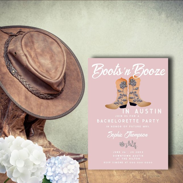 Invitación Boots Booze Cowgirl Boots Rosas Bachelorette (Subido por el creador)