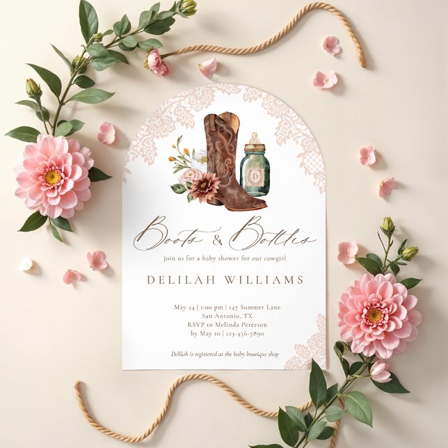 Invitación Boots & Botellas Cowgirl Arco de Baby Shower occid (Boots & Bottles Cowgirl Western Baby Shower Arch Invitation)