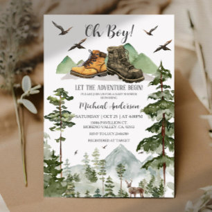 Invitación Boots Boy Pine Adventure Begin Forest Baby Shower