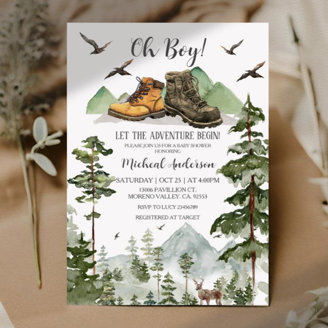 Invitación Boots Boy Pine Adventure Begin Forest Baby Shower (Subido por el creador)