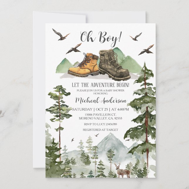 Invitación Boots Boy Pine Adventure Begin Forest Baby Shower (Anverso)