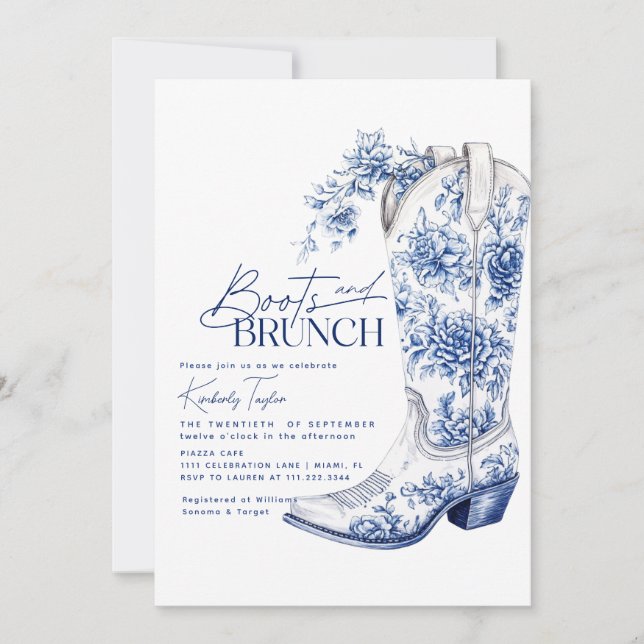 Invitación Boots & Brunch Blue Chinoiserie Bridal Shower (Anverso)