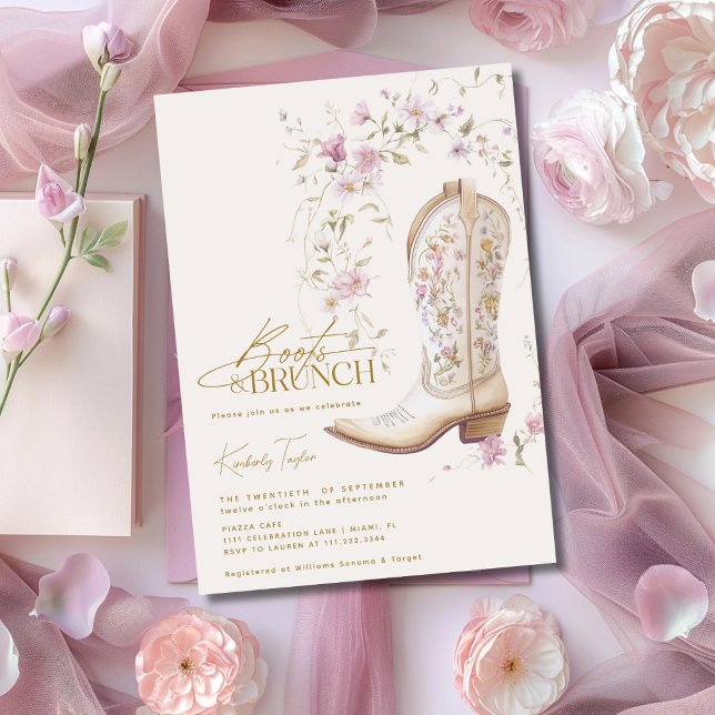 Invitación Boots & Brunch Flores Florales Rosadas Ducha Nupci (Subido por el creador)