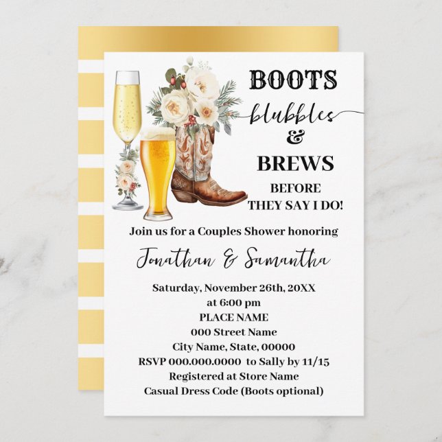Invitación Boots Bubbles & Brews Winter Bridal Shower (Anverso / Reverso)
