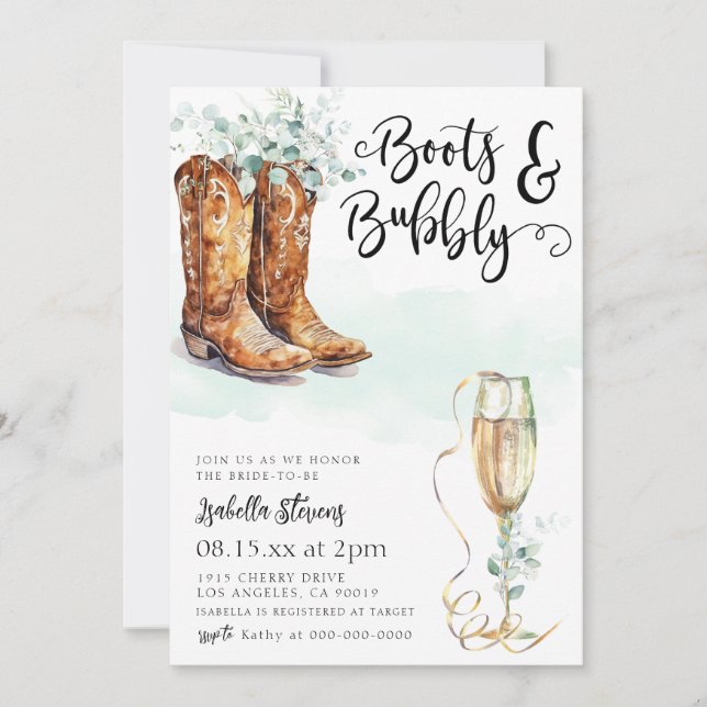 Invitación Boots & Bubbly Bridal Shower (Anverso)