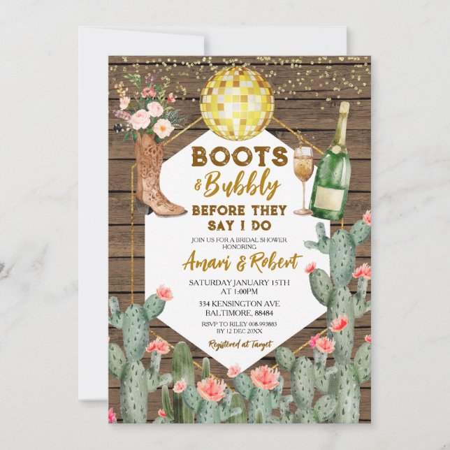 Invitación Boots & Bubbly Champagne - Ducha de novias Occiden (Anverso)