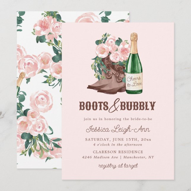 Invitación Boots & Bubbly Floral Champagne Bridal Shower (Anverso / Reverso)
