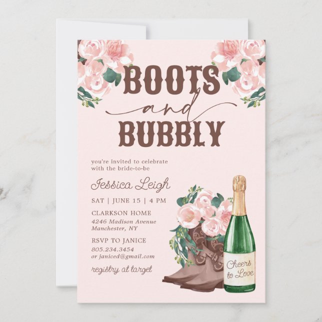 Invitación Boots & Bubbly Floral Champagne Bridal Shower Invi (Anverso)
