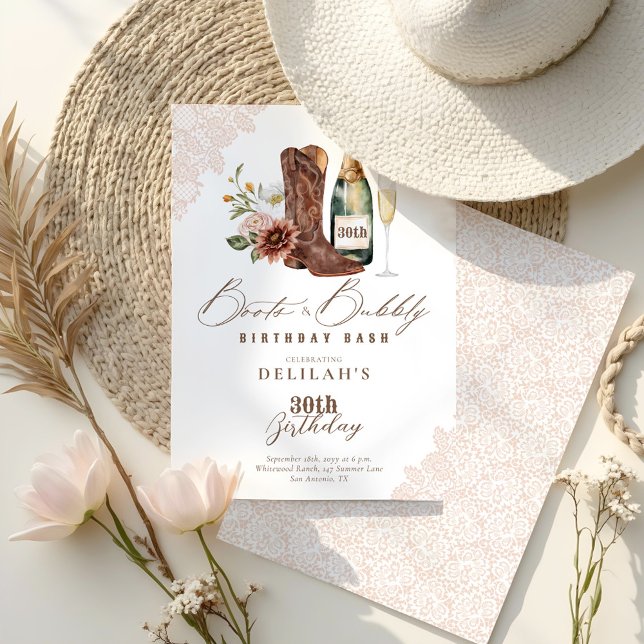 Invitación Boots & Bubbly Moda Cowgirl Wild Western Birthday (Boots & Bubbly Chic Cowgirl Wild Western Birthday Invitation)