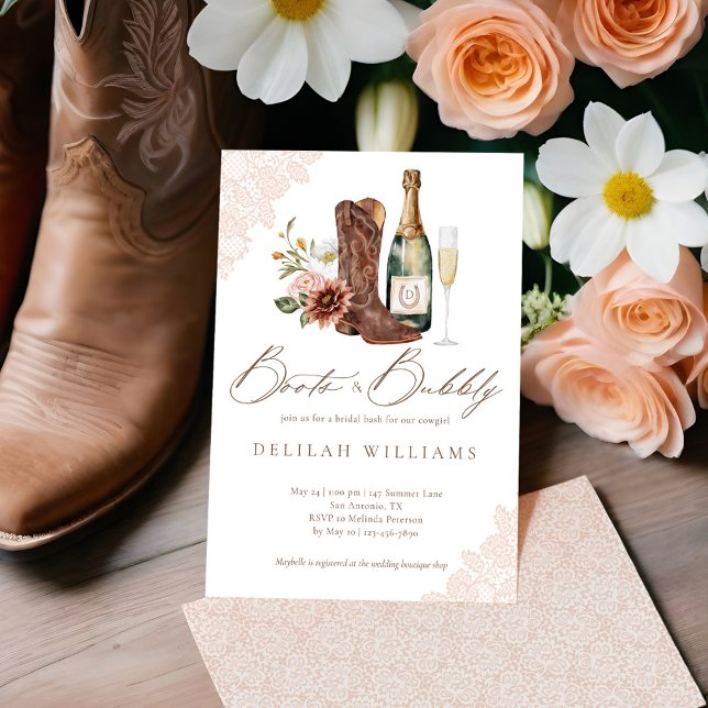 Invitación Boots & Bubbly Moda Vaquera Occidental Ducha de No (Boots & Bubbly Chic Cowgirl Western Bridal Shower Invitation)
