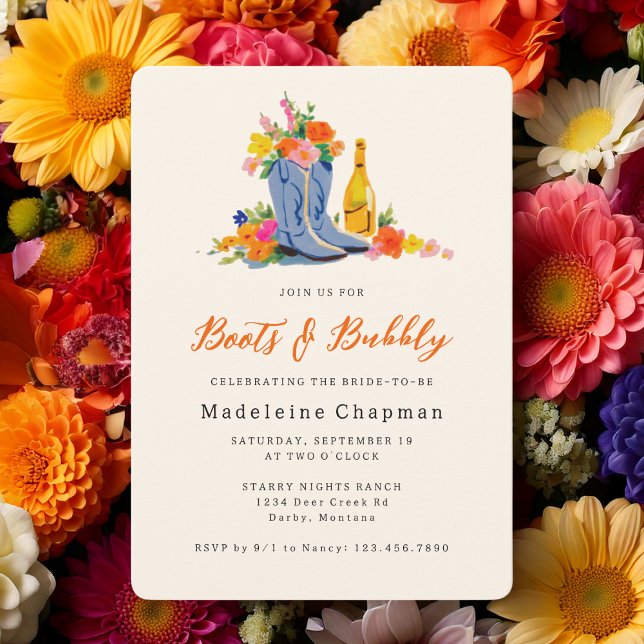 Invitación Boots & Bubbly Modern Cute Floral Bridal Shower (Subido por el creador)