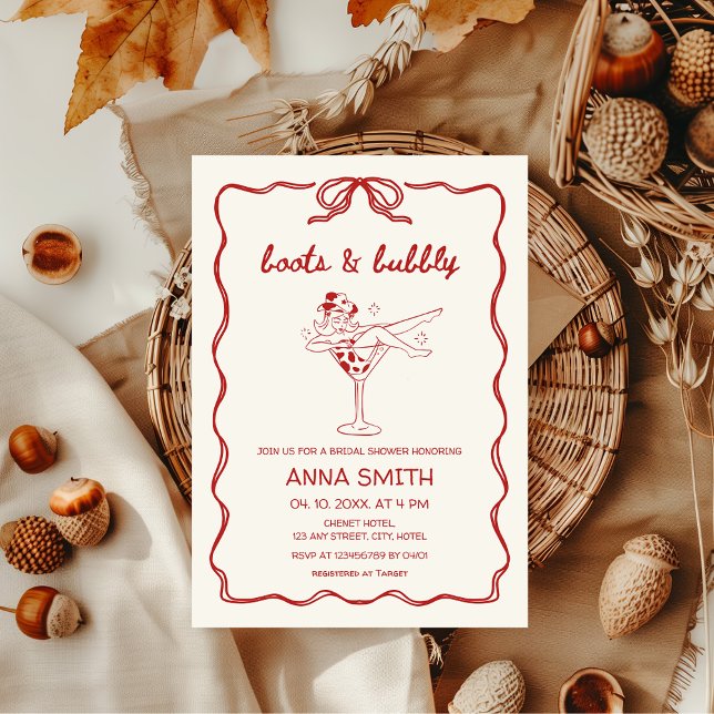 Invitación Boots & Bubbly Rodeo Rodeo Red Bridal Ducha (Boots & Bubbly Hand-drawn Retro Cowgirl Western "let's go girls" bridal shower in Red with Bow)