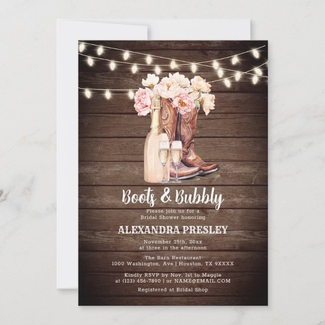 Invitación Boots & Bubbly Rustic Cowgirl Floral BRIDAL DUCHA (Anverso)
