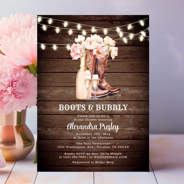 Invitación Boots & Bubbly Rustic Cowgirl Floral BRIDAL DUCHA (Boots & Bubbly Rustic Cowgirl BRIDAL SHOWER Invitation)