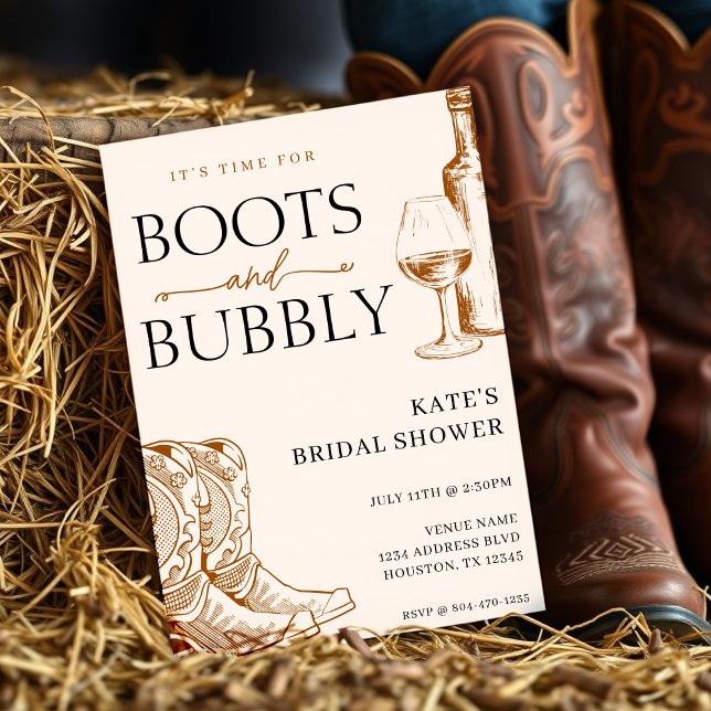 Invitación Boots & Bubbly Tan Brown Bridal Shower (Subido por el creador)