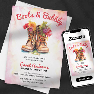 Invitación Boots & Bubbly Watercolor Floral Brillante Ducha