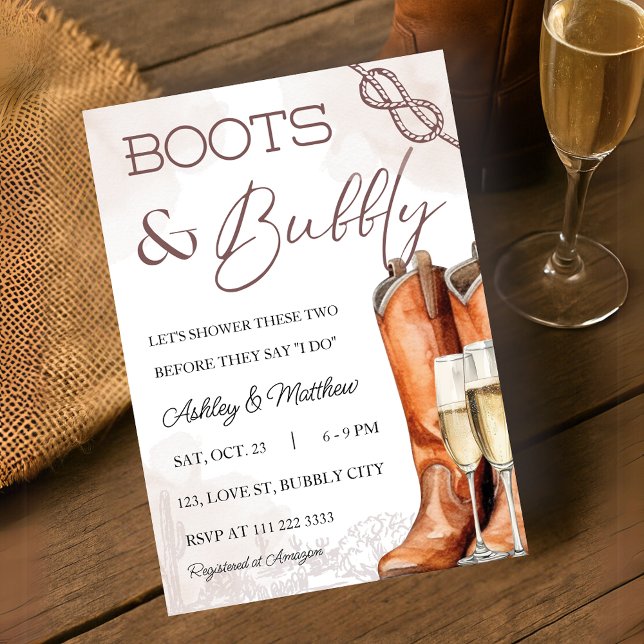 Invitación Boots & Bubbly Western Coued Coed Bridal Shower (Boots Bubbly Western Couple Coed Bridal Shower Invitation)