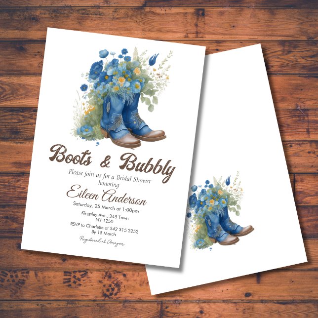 Invitación Boots & Bubbly Western Cowgirl Blue Brillower (Boots Bubbly Western Cowgirl Blue Bridal Shower Invite)