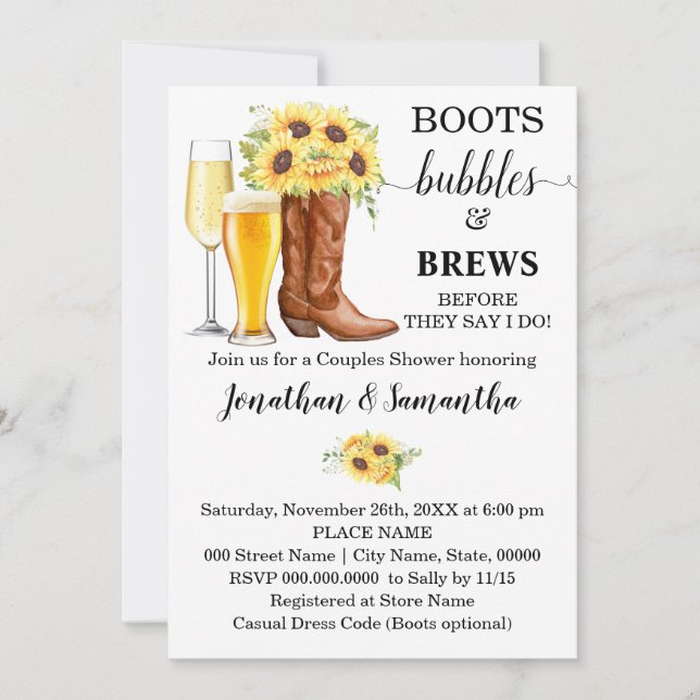 Invitación Boots Burbujas y brotes Boda Ducha girasoles (Anverso)