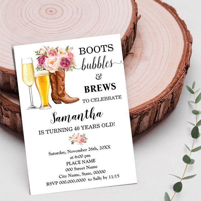 Invitación Boots Burbujas y brotes Flores rosas Adultos Cumpl (Subido por el creador)